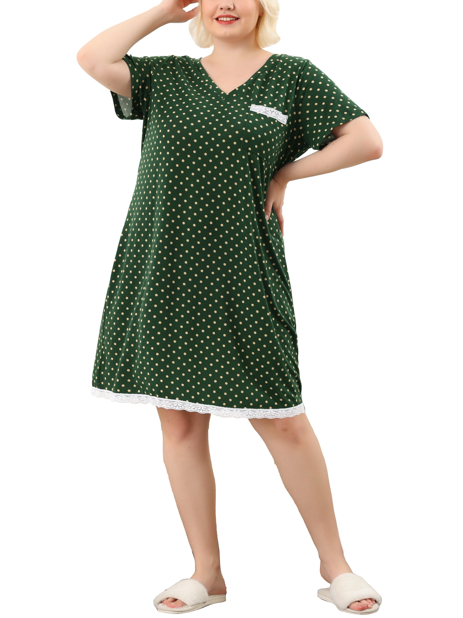 DARING DIVA Women's Plus Size Soft Short Sleeve Lace Trim Pajama Dress 1X Dark Green