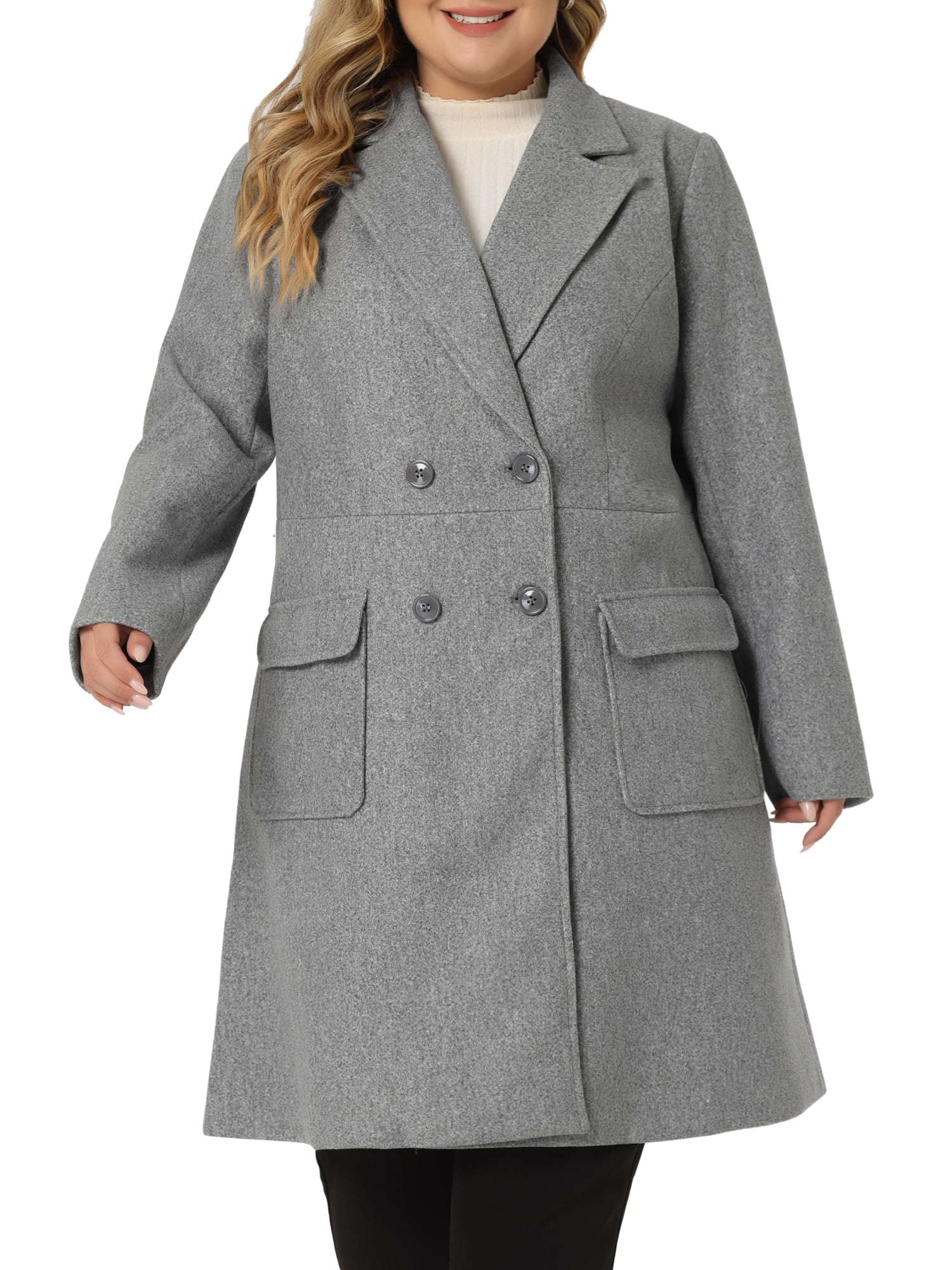 Unique Bargains Women's Plus Notched Lapel Double Breasted Long Coat Gray 3X
