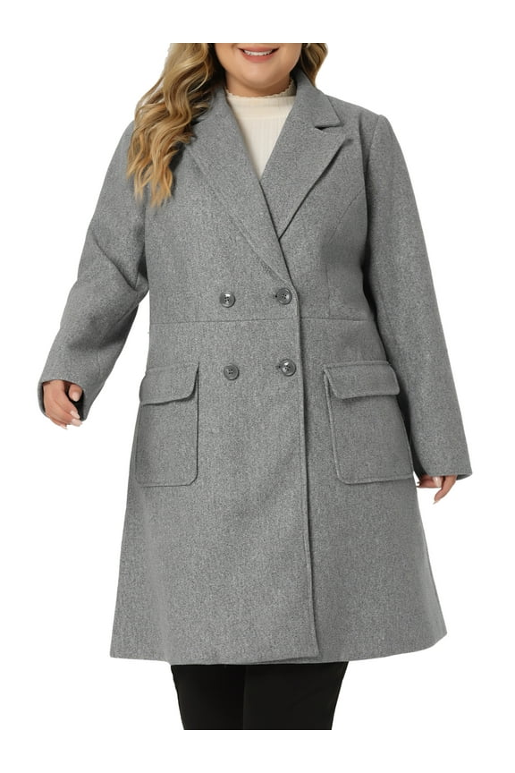 Women's Plus Notched Lapel Double Breasted Long Coat Gray 3X