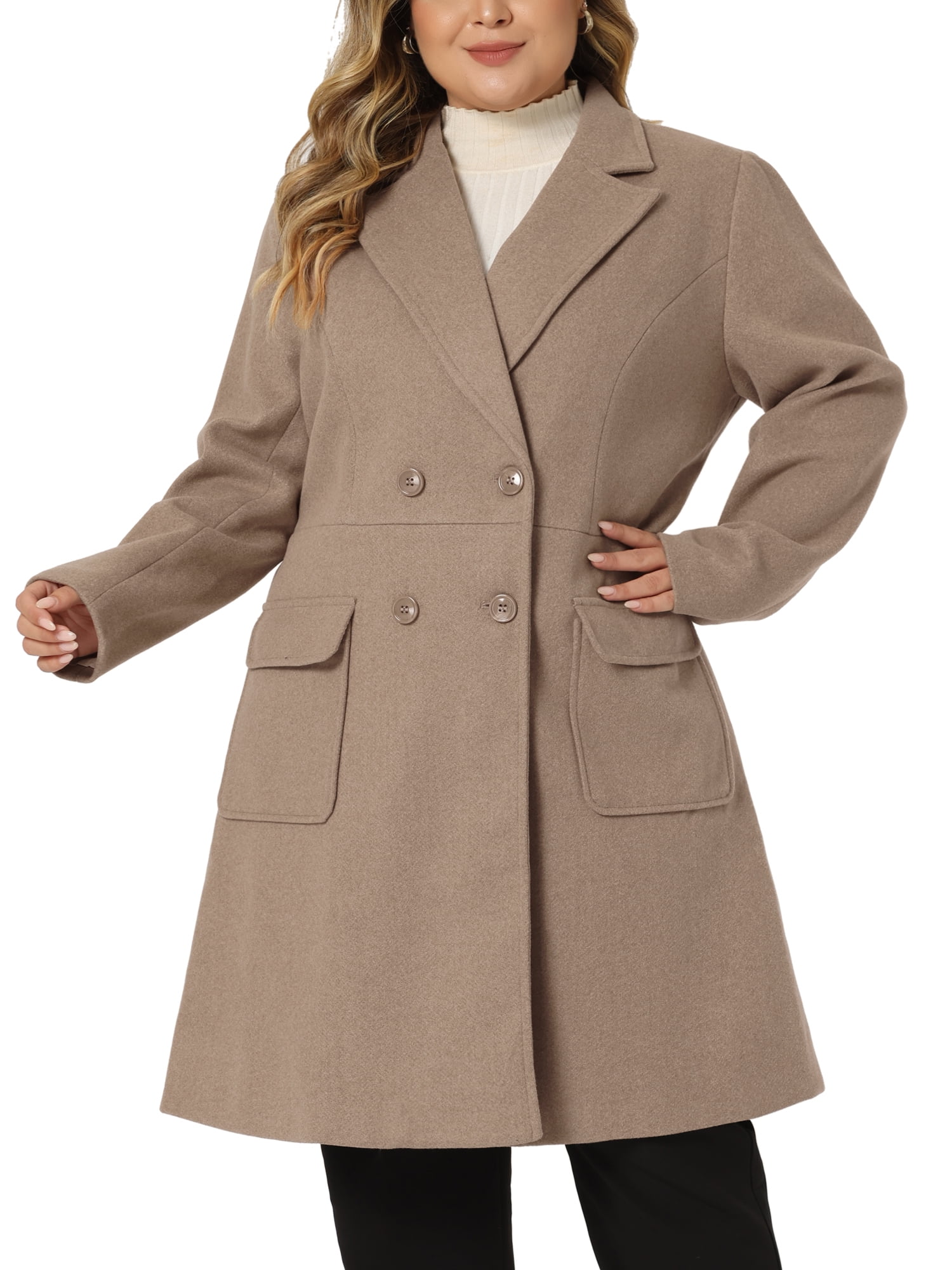 Unique Bargains Women's Plus Notched Lapel Double Breasted Long Coat Light Brown 4X
