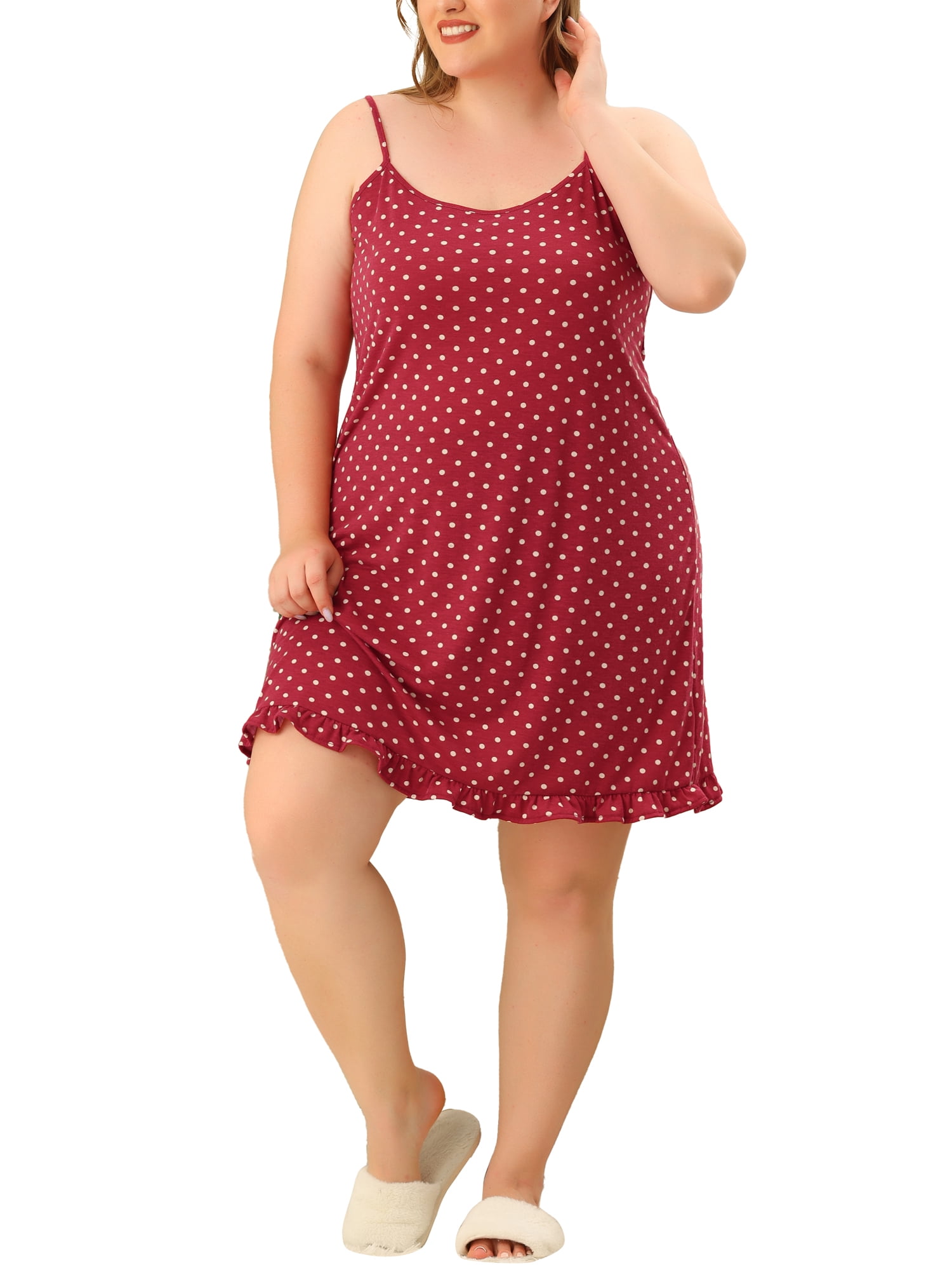 Unique Bargains Women's Plus Pajamas Adjustable Strap Polka Dots Ruffle Nightgown