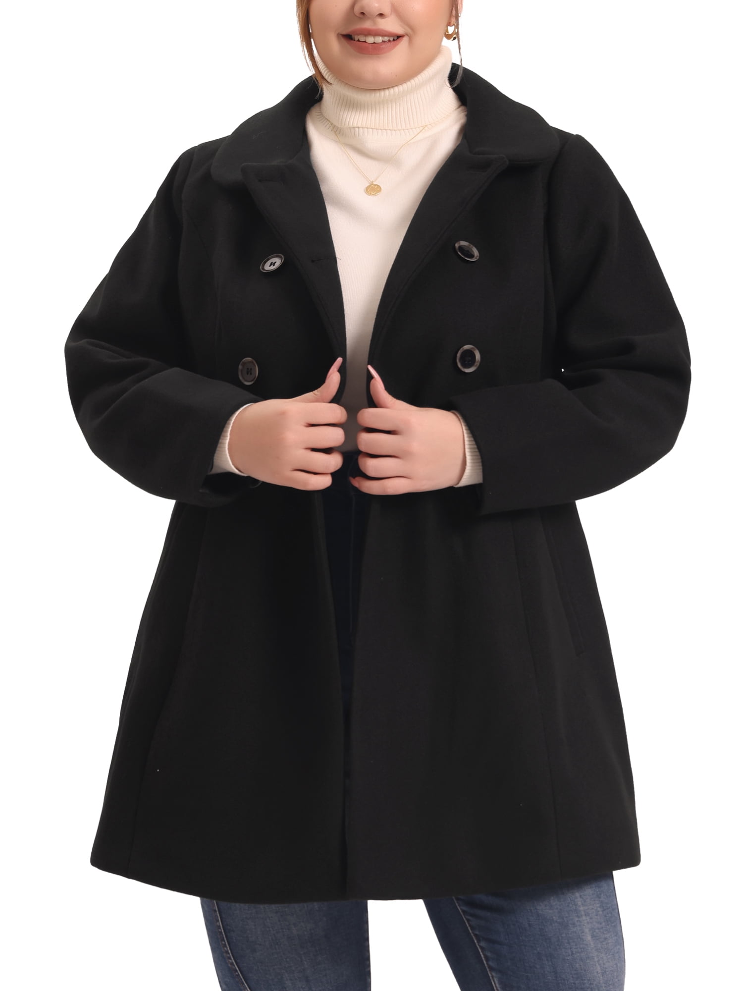 Unique Bargains Women's Plus Peter Pan Collar Double Breasted Winter Long Outerwear Coats 1X Black