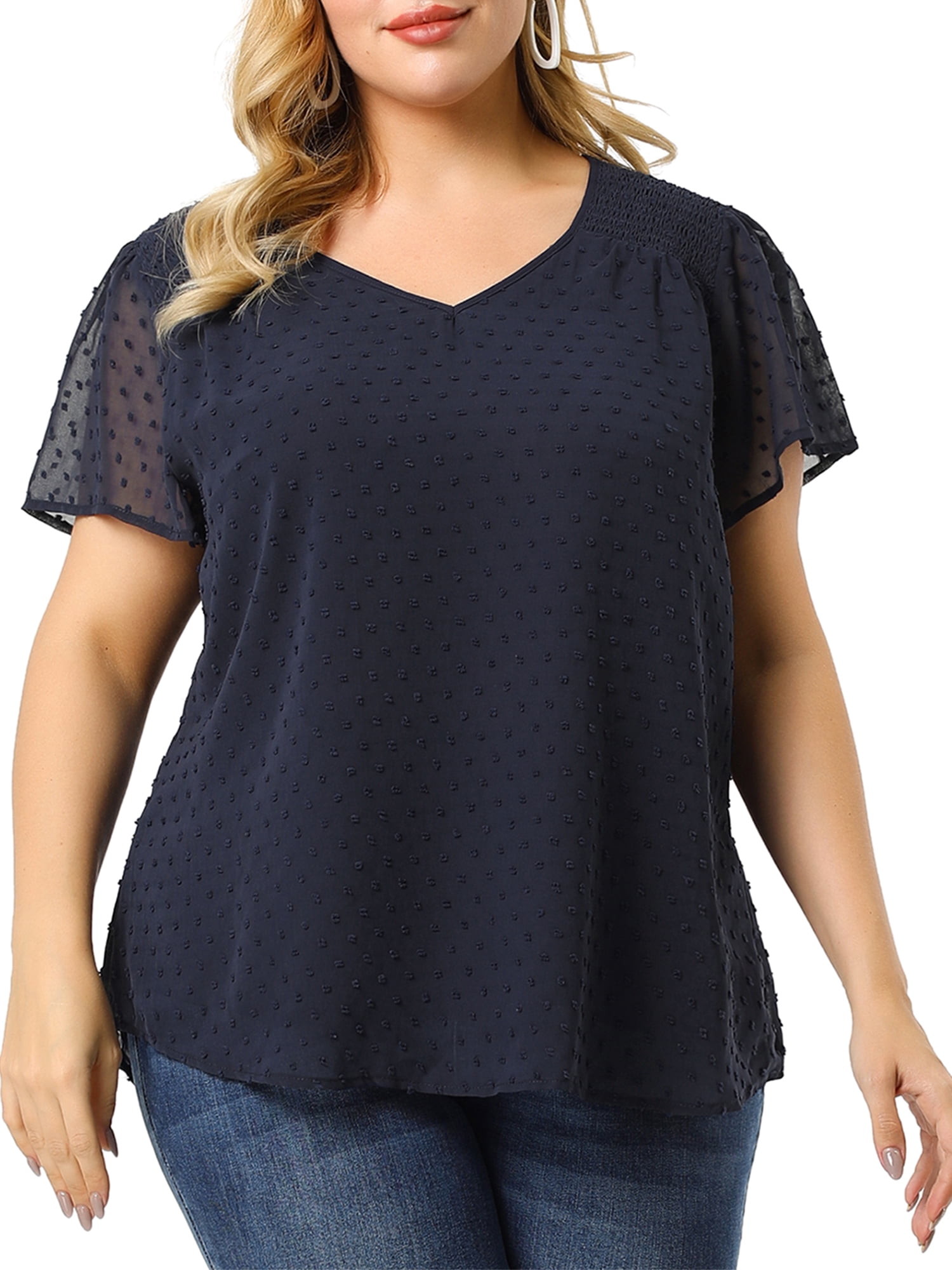 DARING DIVA Women's Plus Size Blouses Pin Dots Smocked Flare Sleeve Top 1X Royal Blue