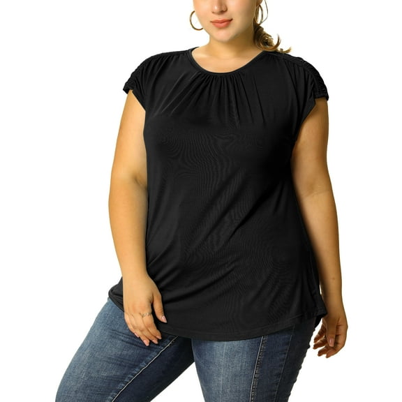 DARING DIVA Women's Plus Round Neck Ruched Short Sleeve Summer Top 1X Black