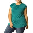 thumbnail image 1 of Unique Bargains Women's Plus Round Neck Ruched Short Sleeve Summer Top 1X Green, 1 of 8