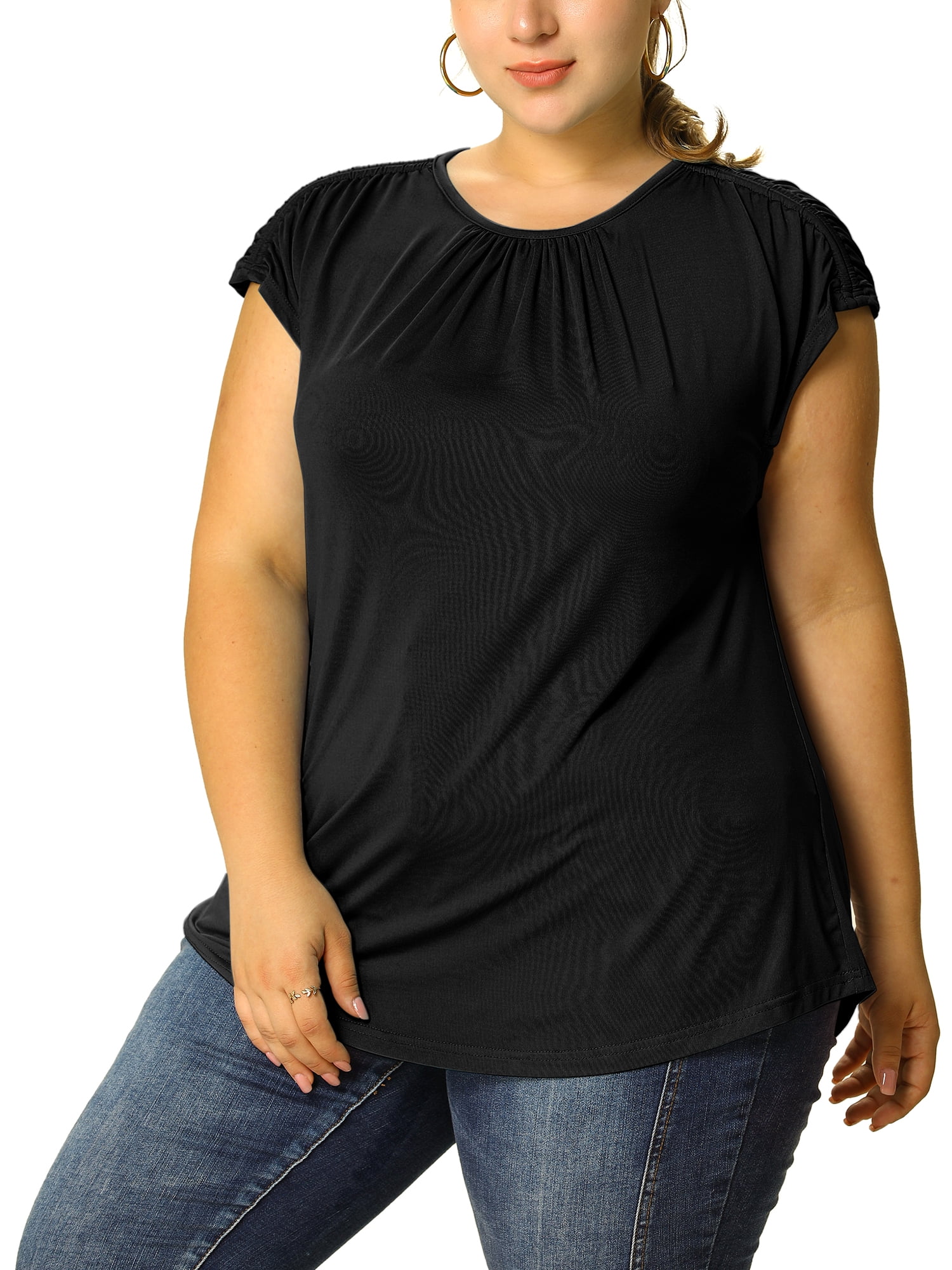 DARING DIVA Women's Plus Round Neck Ruched Short Sleeve Summer Top 4X Black