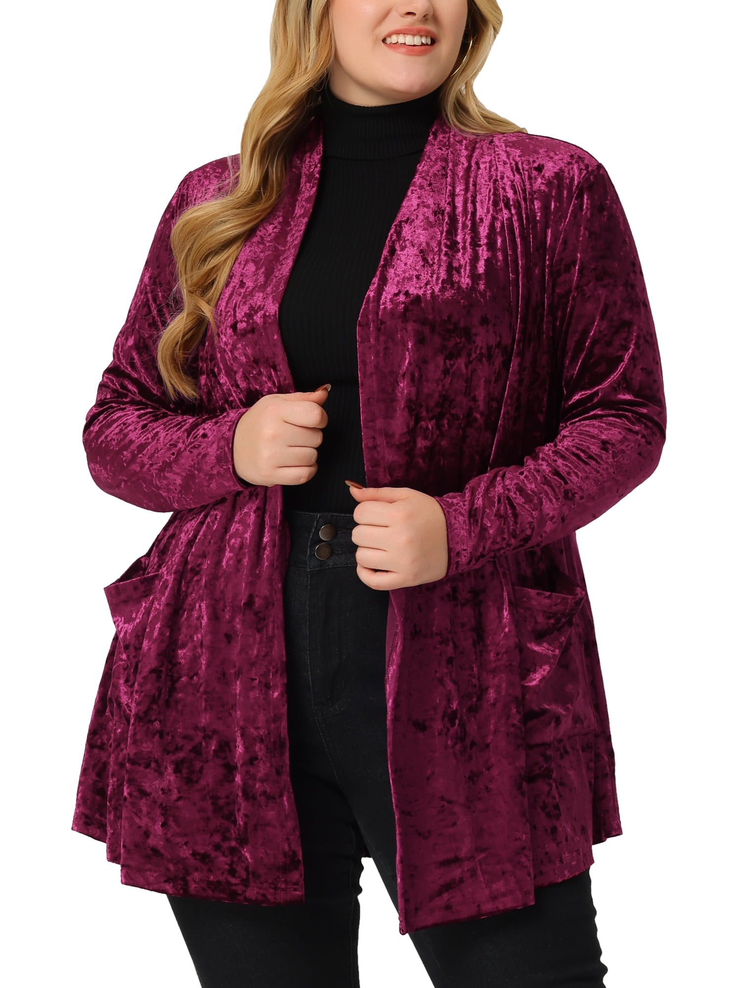 Unique Bargains Women's Plus Shawl Collar Pocket Open Front Velvet Cardigans Sweaters 1X Wine