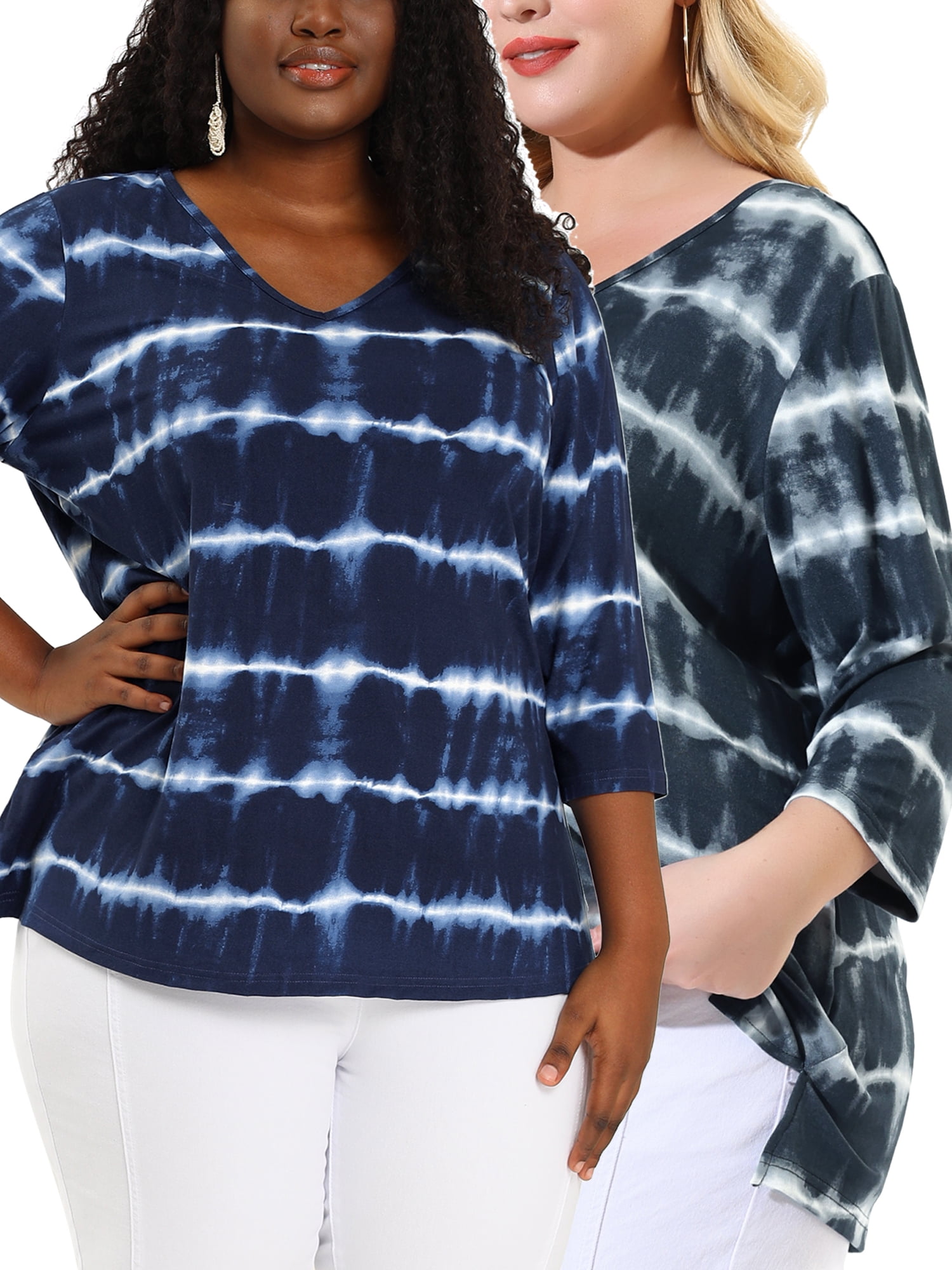 Unique Bargains Women's Plus Size 2 Packs Tie Dye V Neck Comfy Stripe Top 1X Blue/Grey