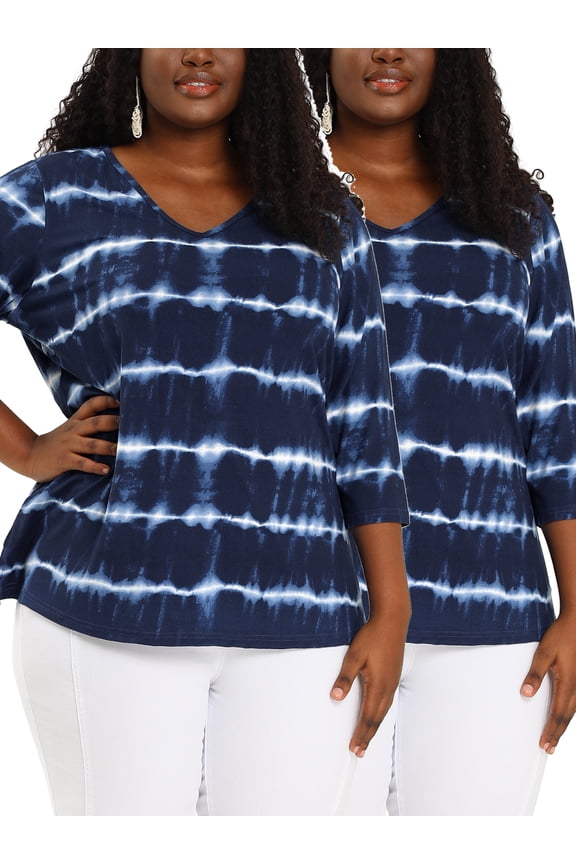 Women's Plus Size 2 Packs Tie Dye V Neck Comfy Stripe Top 1X Blue