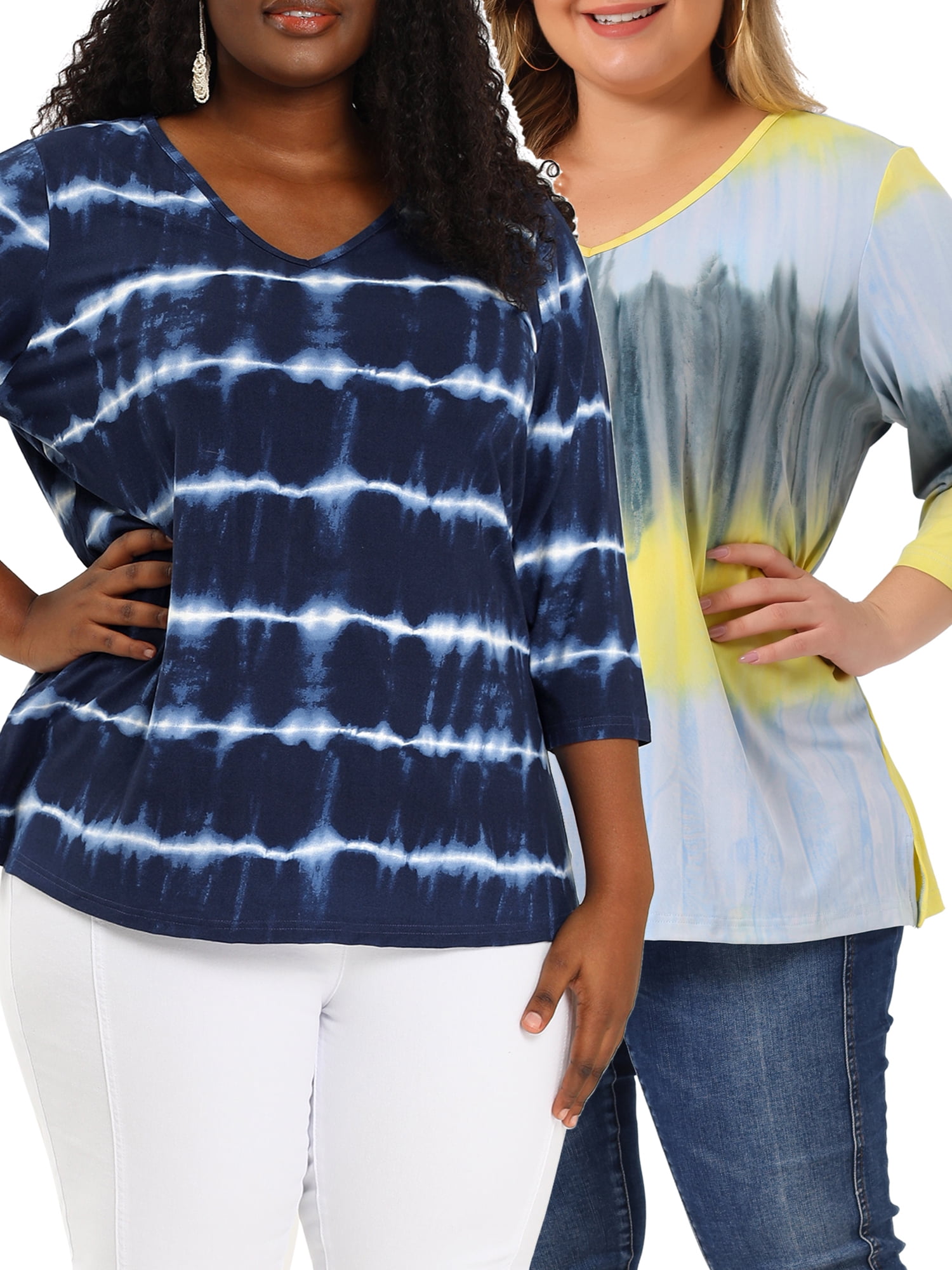 Unique Bargains Women's Plus Size 2 Packs Tie Dye V Neck Comfy Stripe Top 2X Blue/Gray Yellow