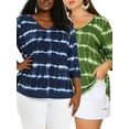 thumbnail image 1 of Unique Bargains Women's Plus Size 2 Packs Tie Dye V Neck Comfy Stripe Top 3X Blue/Green, 1 of 6