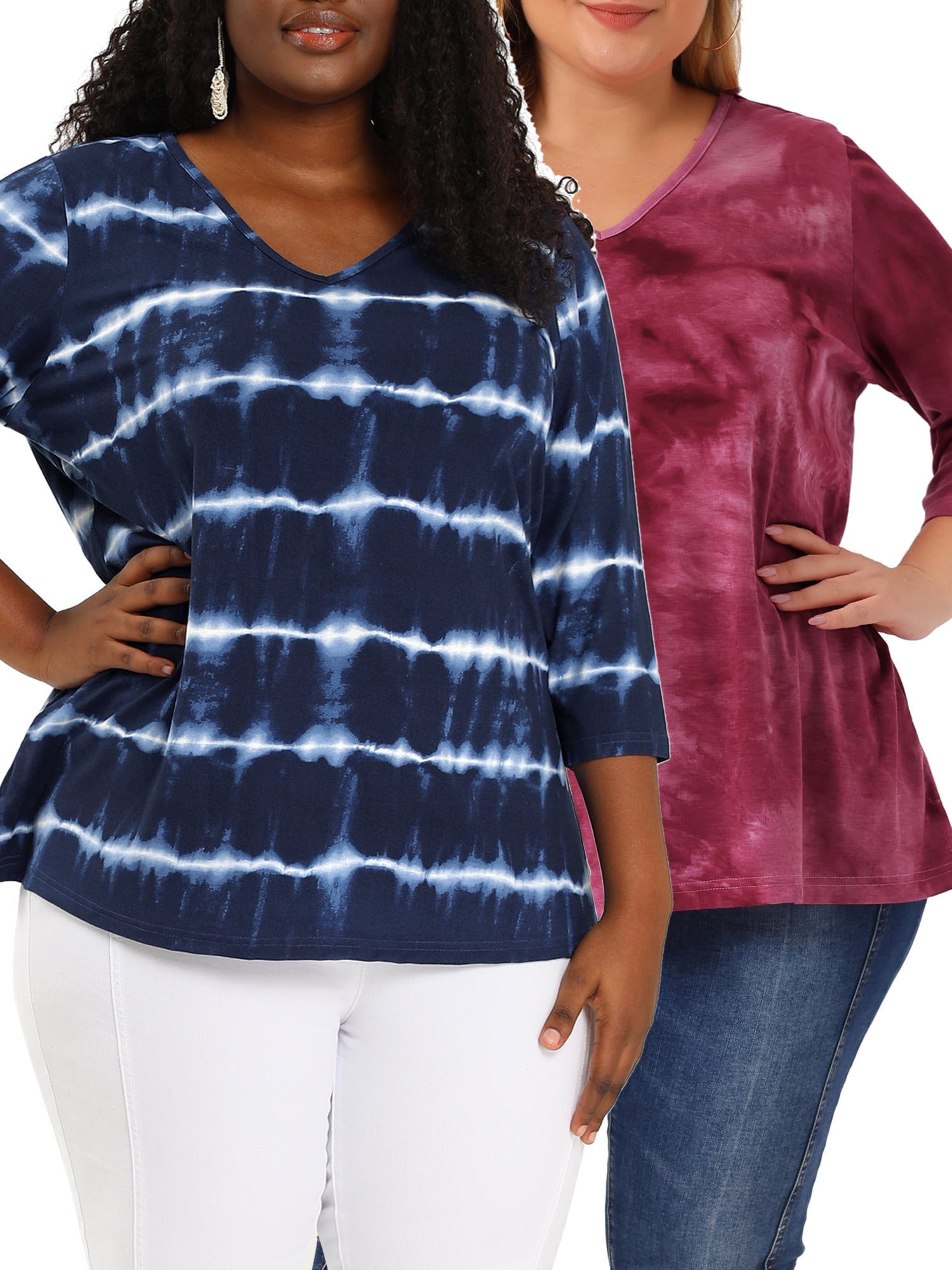 Unique Bargains Women's Plus Size 2 Packs Tie Dye V Neck Comfy Stripe Top 3X Blue/Hot Pink