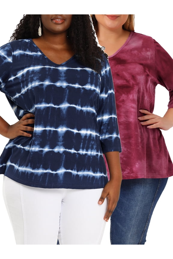 Women's Plus Size 2 Packs Tie Dye V Neck Comfy Stripe Top 3X Blue/Hot Pink