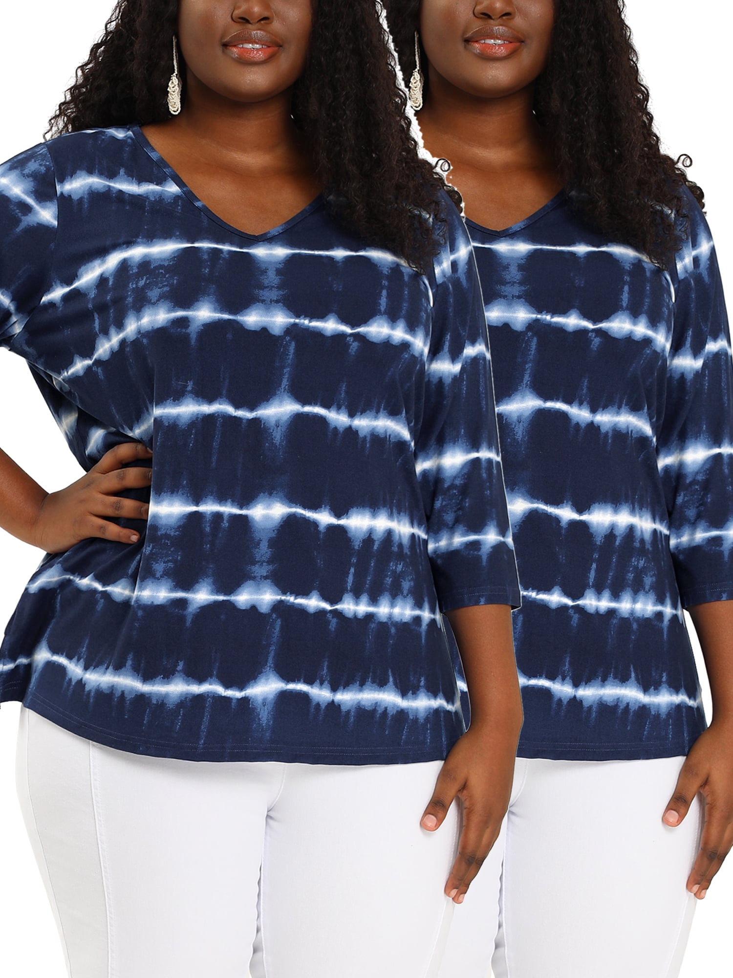 Unique Bargains Women's Plus Size 2 Packs Tie Dye V Neck Comfy Stripe Top 3X Blue