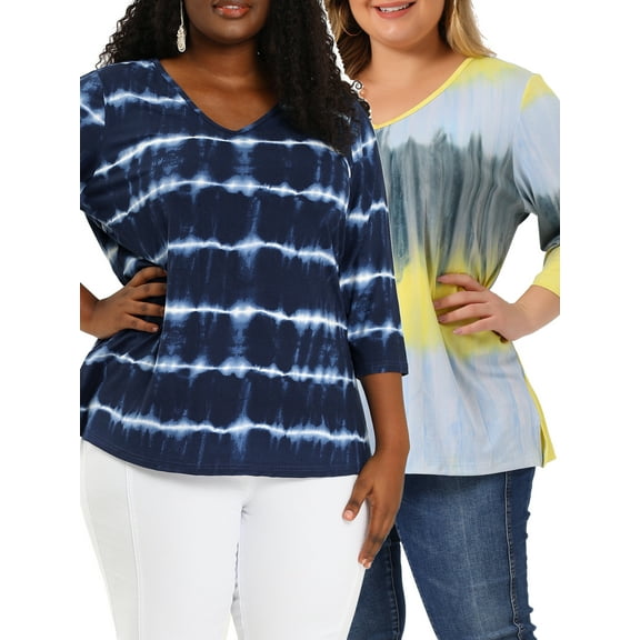 Unique Bargains Women's Plus Size 2 Packs Tie Dye V Neck Comfy Stripe Top 4X Blue/Gray Yellow