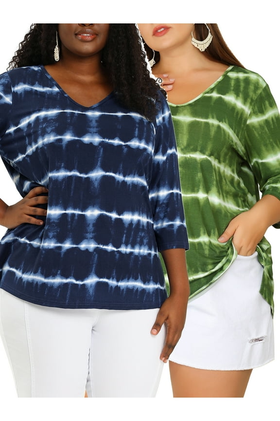 Women's Plus Size 2 Packs Tie Dye V Neck Comfy Stripe Top 4X Blue/Green
