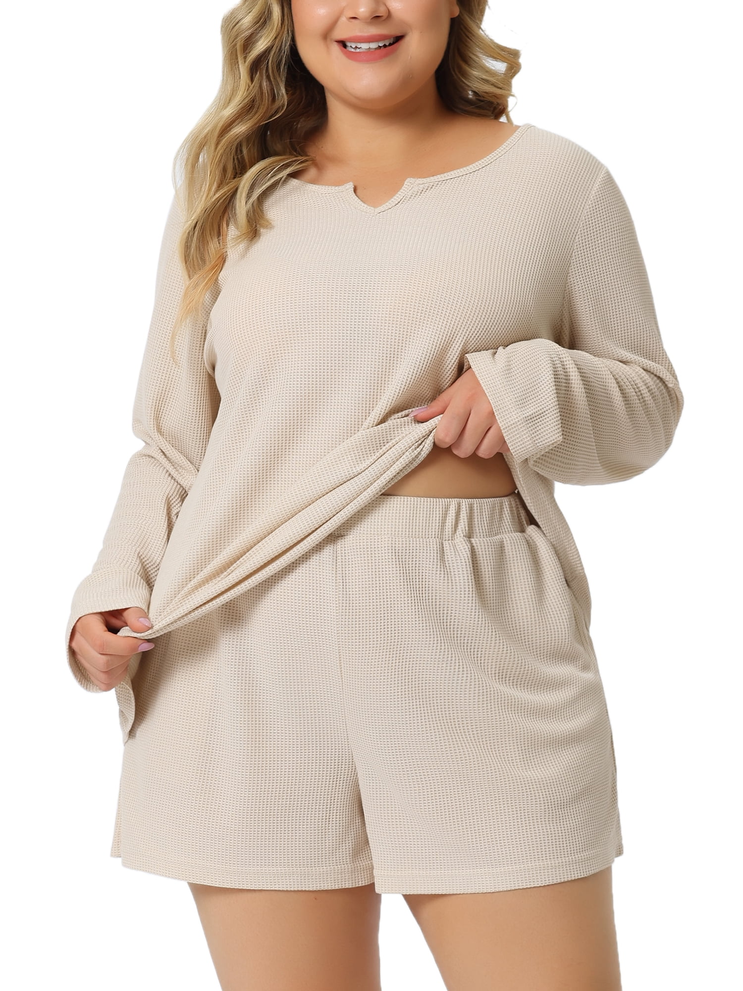 DARING DIVA Women's Plus Size 2 Piece Long Sleeve Pajama Sweatsuits Sets 4X Beige