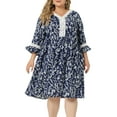thumbnail image 1 of Unique Bargains Women's Plus Size 3/4 Sleeve Lace Hollow Ruffle Midi Flare Dresses 3X Navy Blue, 1 of 6
