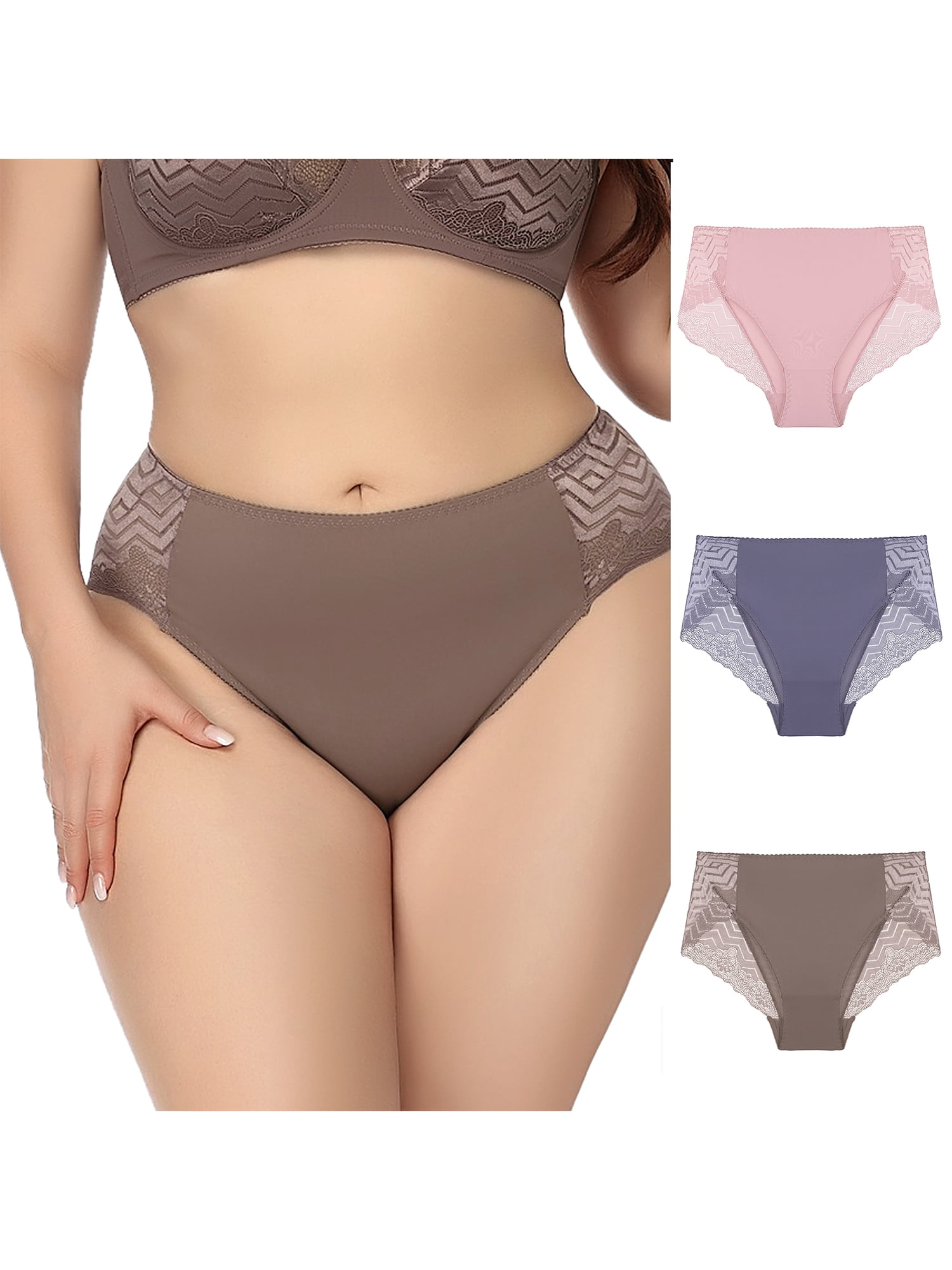 Unique Bargains Women's Plus Size 3-Pack Lace Trim Seamless Brief Stretchy Underwear Pink, Purple, Brown S