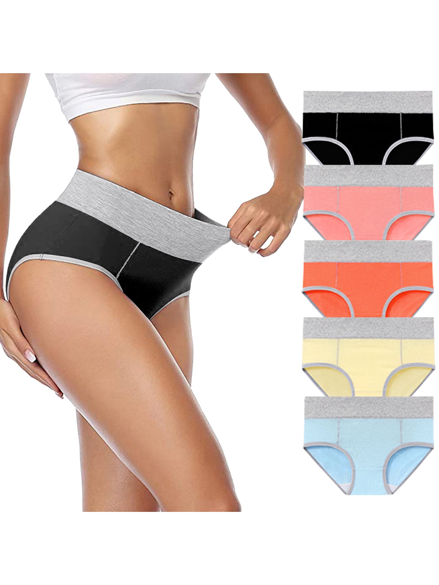 Unique Bargains Women's Plus Size 5 Packs Brief Stretchy Underwear Black, Pink, Yellow, Orange, Blue L