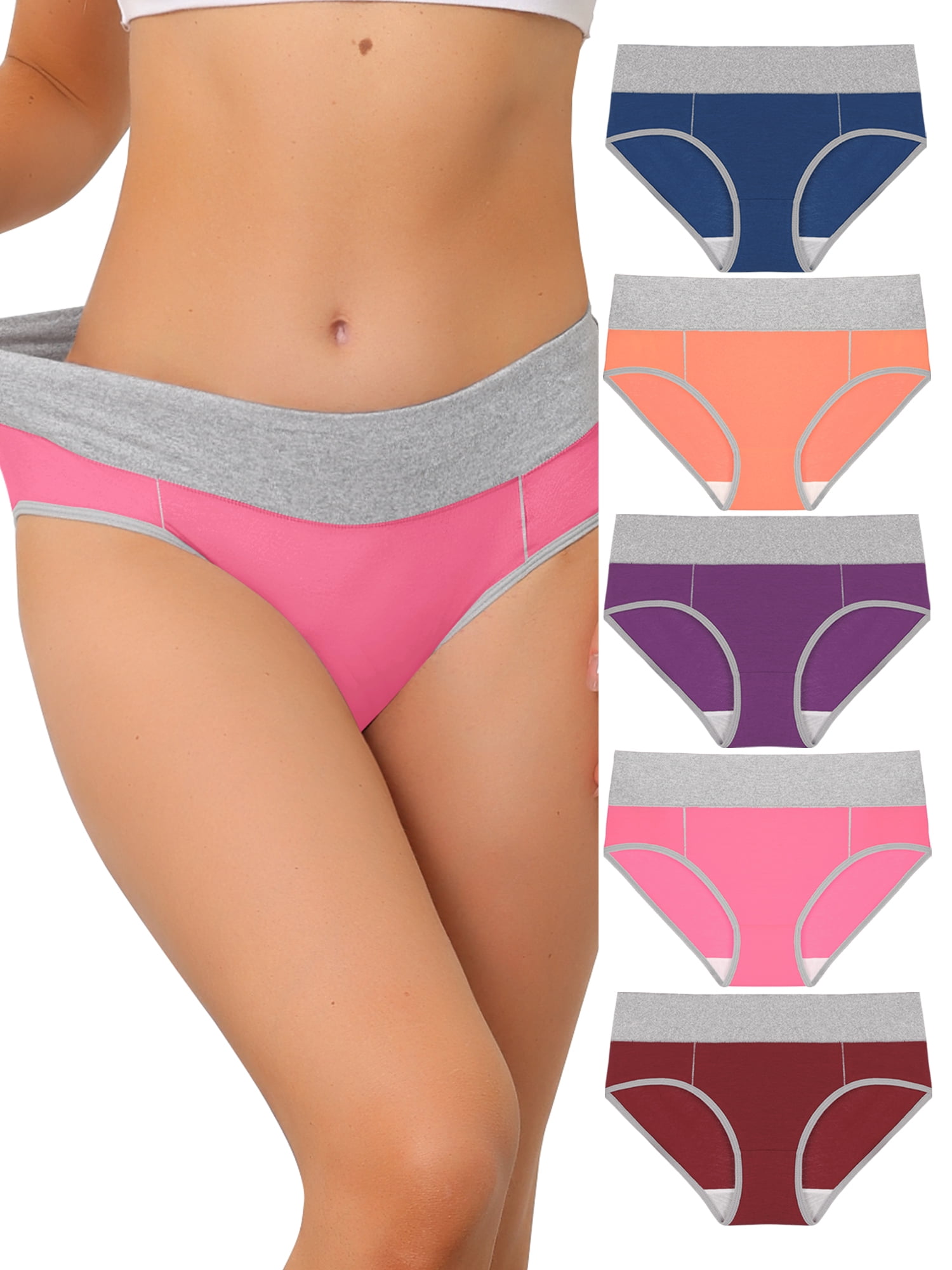 Unique Bargains Women's Plus Size 5 Packs Brief Stretchy Underwear Blue, Light Pink, Purple, Hot Pink, Burgundy M
