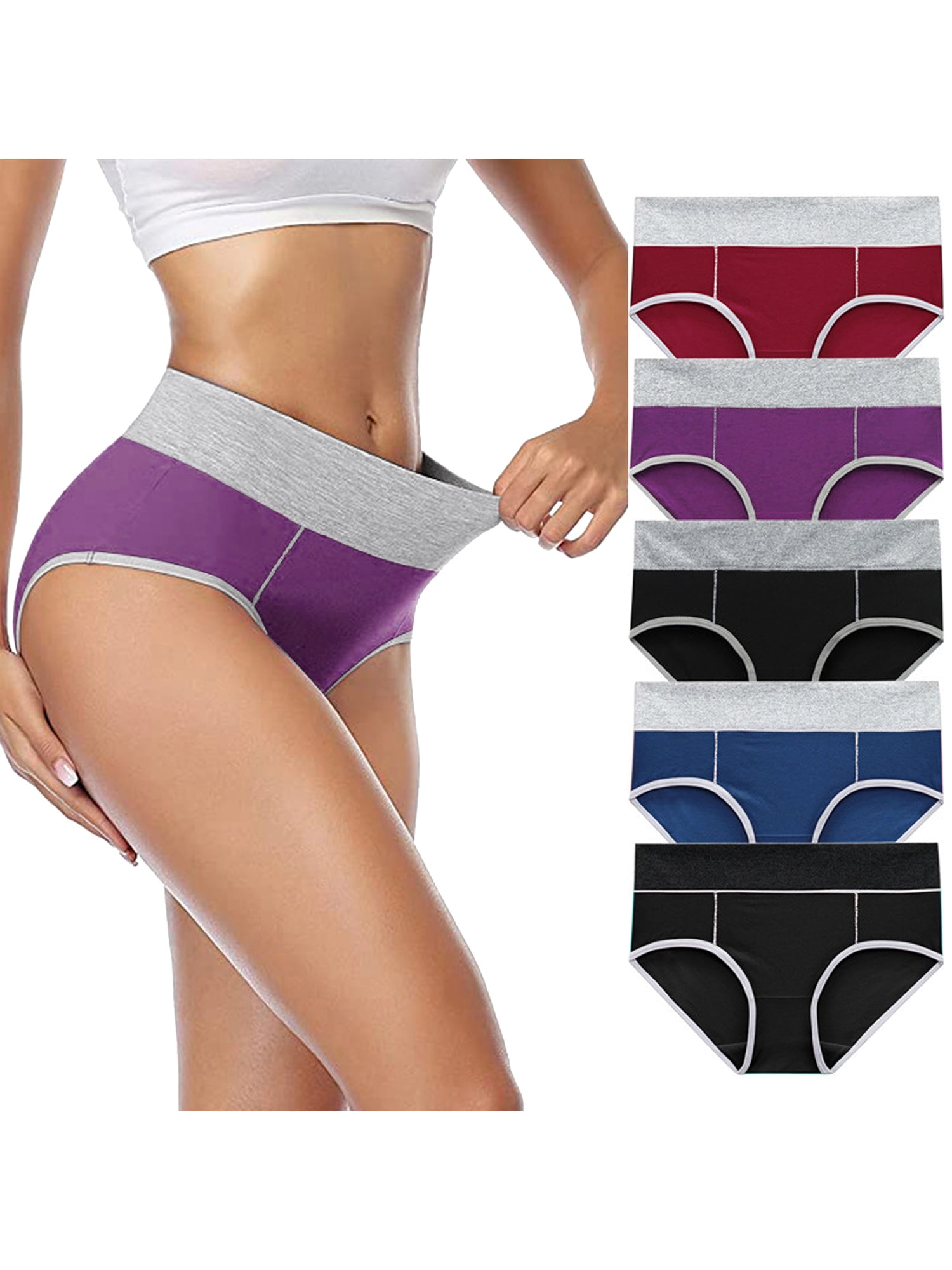 Unique Bargains Women's Plus Size 5 Packs Brief Stretchy Underwear Burgundy, Purple, Black, Blue, Dark Black S