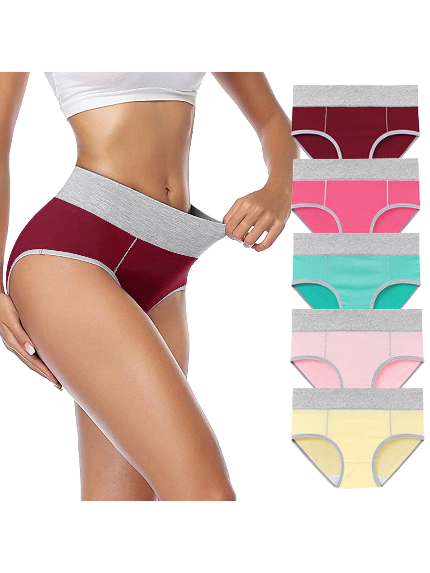 Unique Bargains Women's Plus Size 5 Packs Brief Stretchy Underwear Burgundy, Red Pink, Green, Yellow 1X