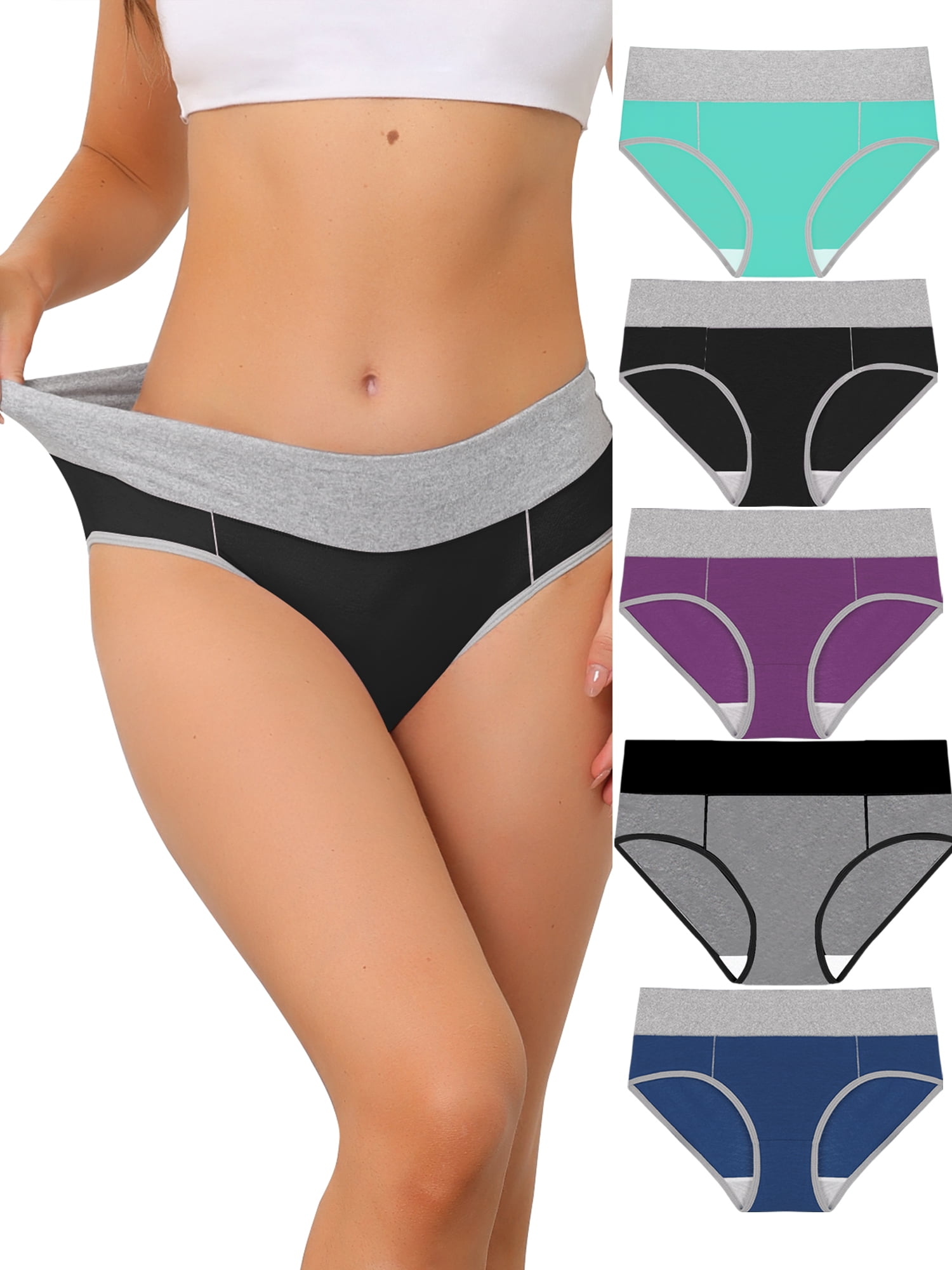 Unique Bargains Women's Plus Size 5 Packs Brief Stretchy Underwear Green, Black, Purple, Gray, Blue L