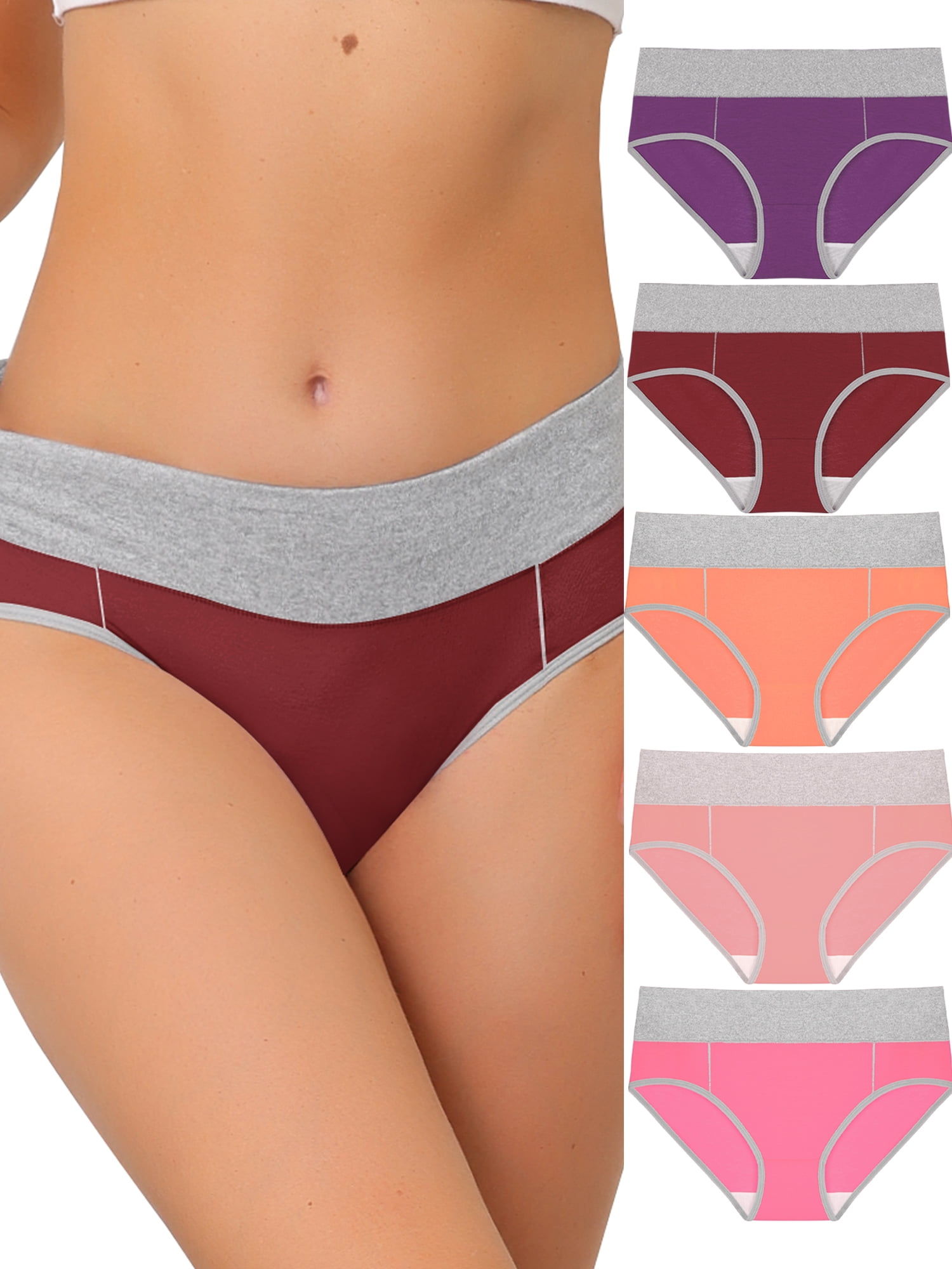 Unique Bargains Women's Plus Size 5 Packs Brief Stretchy Underwear Purple, Burgundy, Orange, Light Pink, Hot Pink 1X