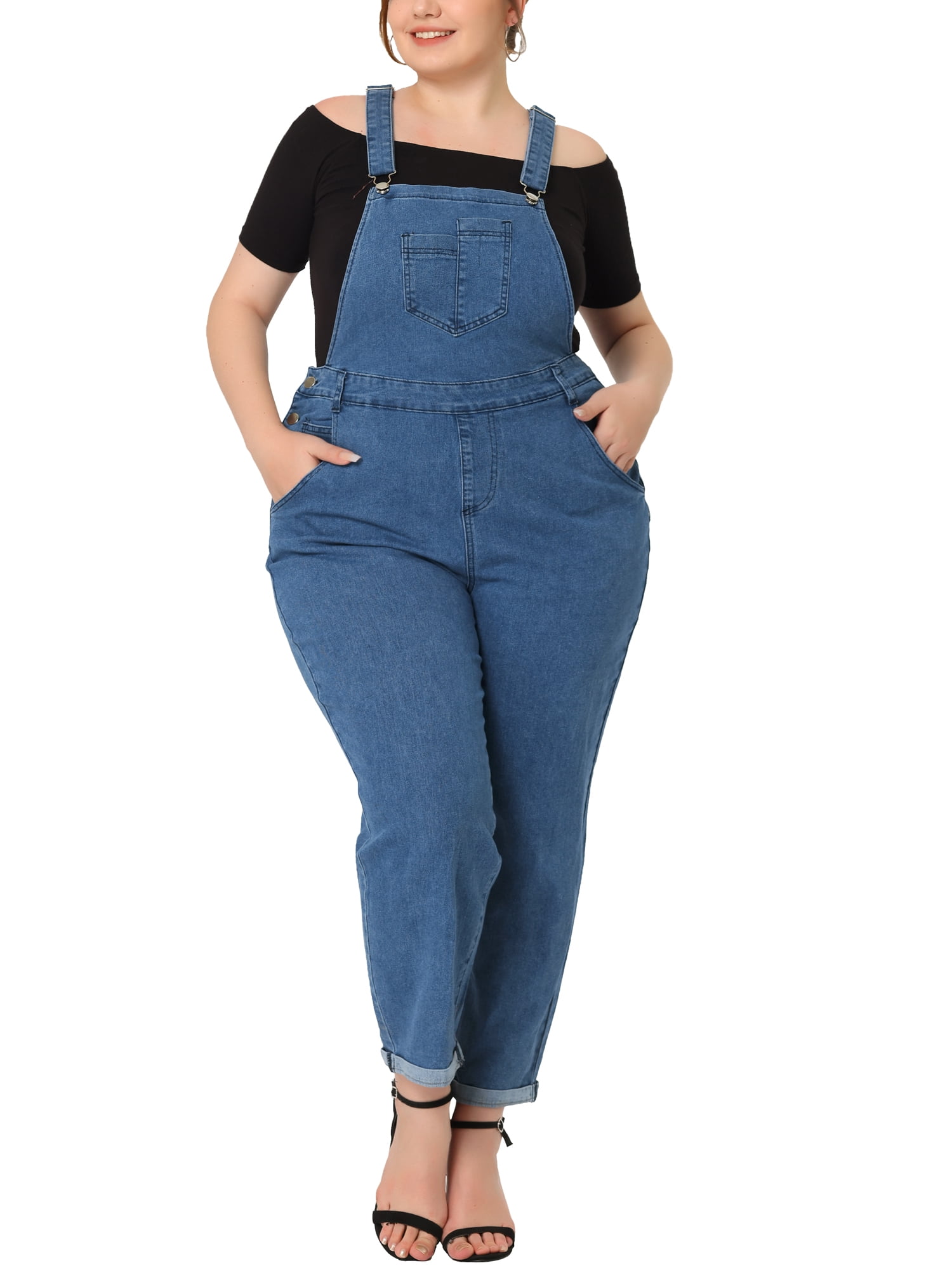 Free Shipping Unique Bargains Women s Plus Size Adjustable Denim Overalls Jeans Pants Jumpsuits Blue 4X Walmart