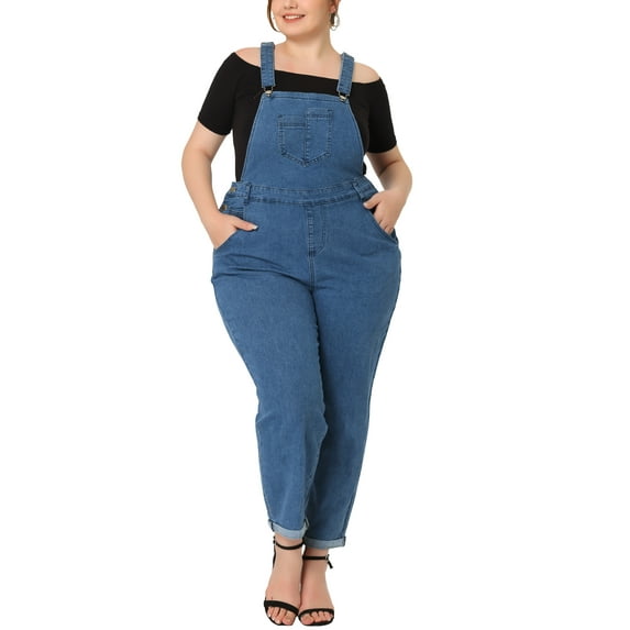 Unique Bargains Women's Plus Size Adjustable Denim Overalls Jeans Pants Jumpsuits Blue 4X