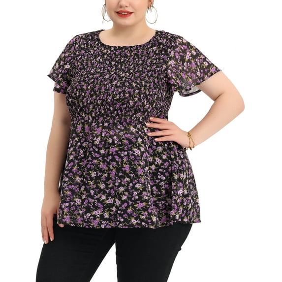 Unique Bargains Women's Plus Size Babydoll Chiffon Smocked Waist Floral Peplum Tops Black 3X