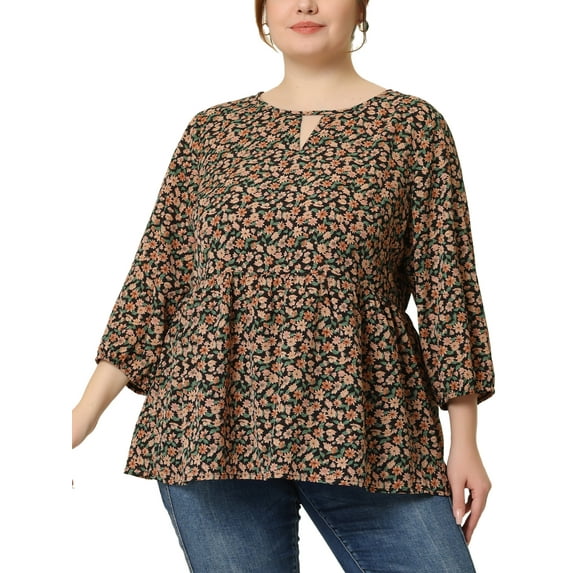 Unique Bargains Women's Plus Size Babydoll Round Neck Elbow Sleeve Floral Tops 3X Black Beige