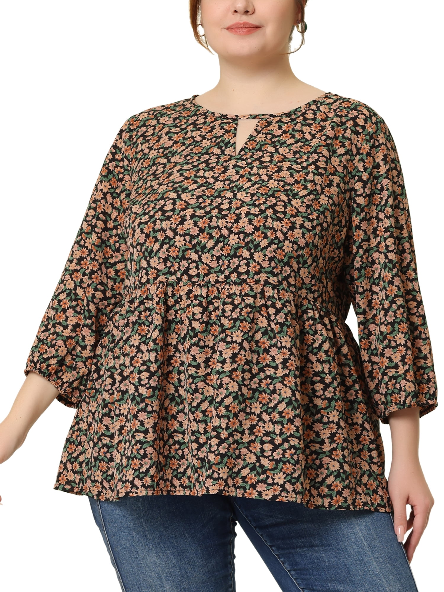 Unique Bargains Women's Plus Size 3/4 Sleeves Chiffon Keyhole Floral Tops 4X Black Beige