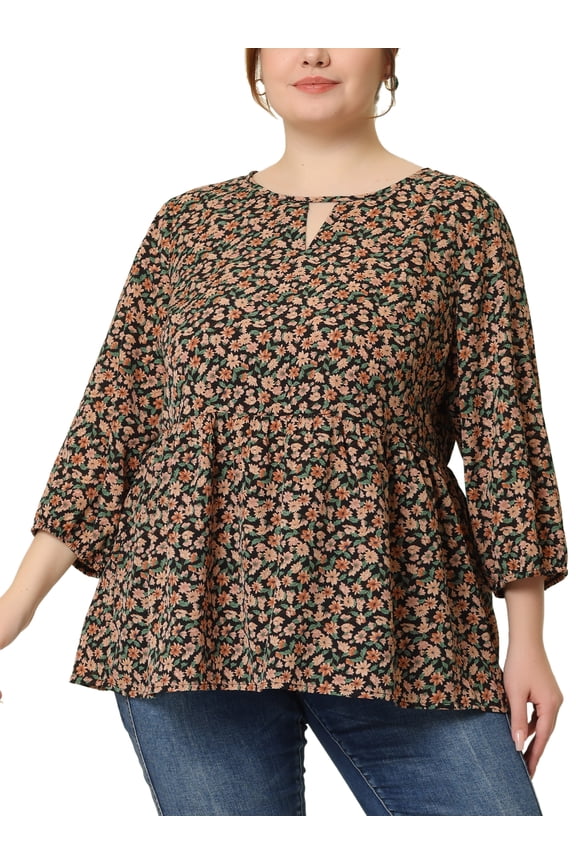 Unique Bargains Women's Plus Size 3/4 Sleeves Chiffon Keyhole Floral Tops 4X Black Beige