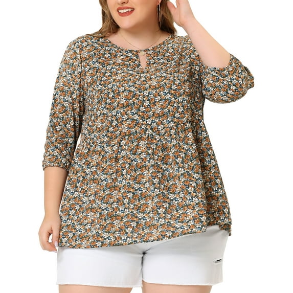 Unique Bargains Women's Plus Size Babydoll Round Neck Elbow Sleeve Floral Tops 4X White Blue