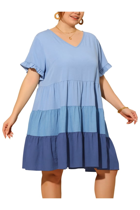 Babydoll Ruffle Flowy Swing Hem Chambray Mini Dress 1X Blue