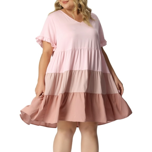 DARING DIVA Babydoll Ruffle Flowy Swing Hem Chambray Mini Dress 1X Pink