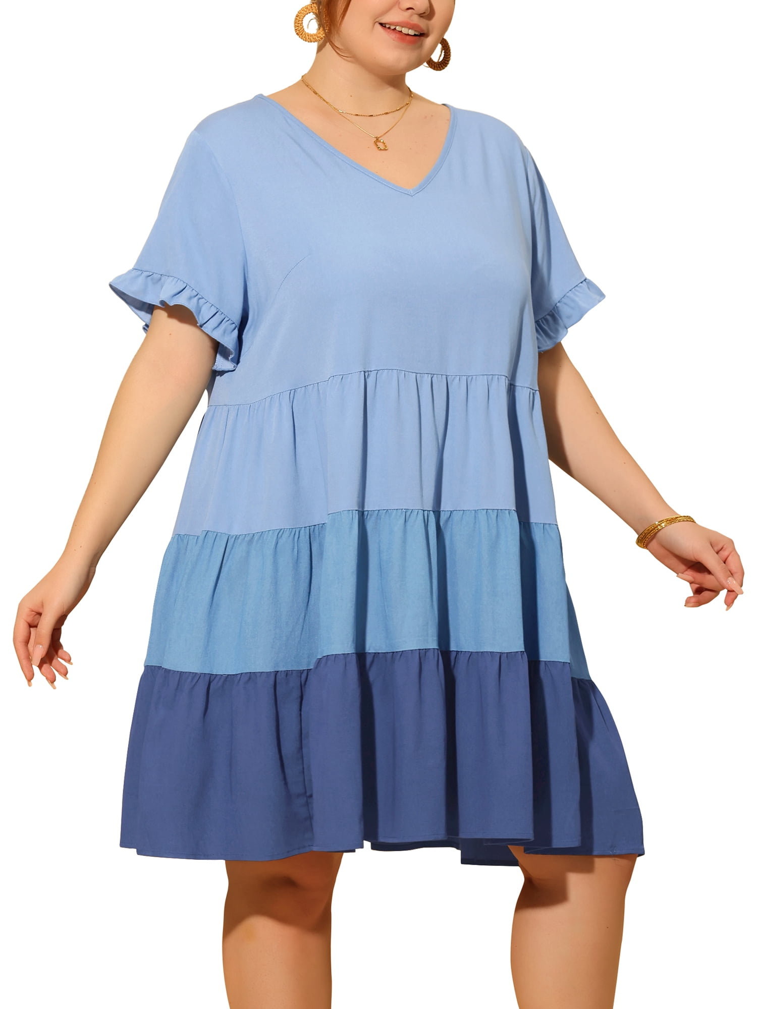 DARING DIVA Babydoll Ruffle Flowy Swing Hem Chambray Mini Dress 2X Blue