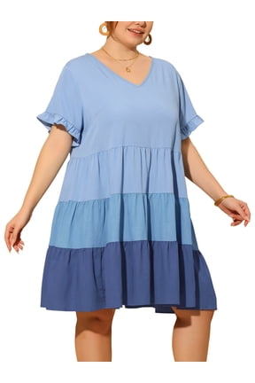 Babydoll Ruffle Flowy Swing Hem Chambray Mini Dress 2X Blue