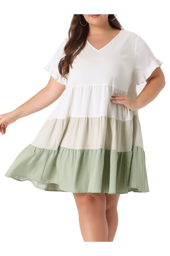 Babydoll Ruffle Flowy Swing Hem Chambray Mini Dress 3X Green