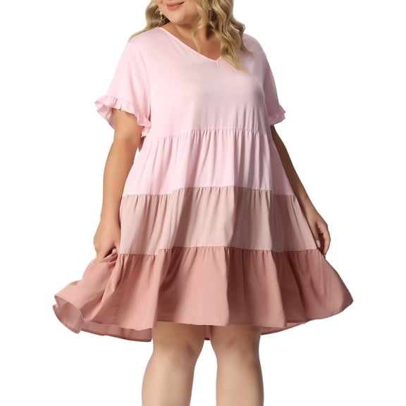 DARING DIVA Babydoll Ruffle Flowy Swing Hem Chambray Mini Dress 3X Pink