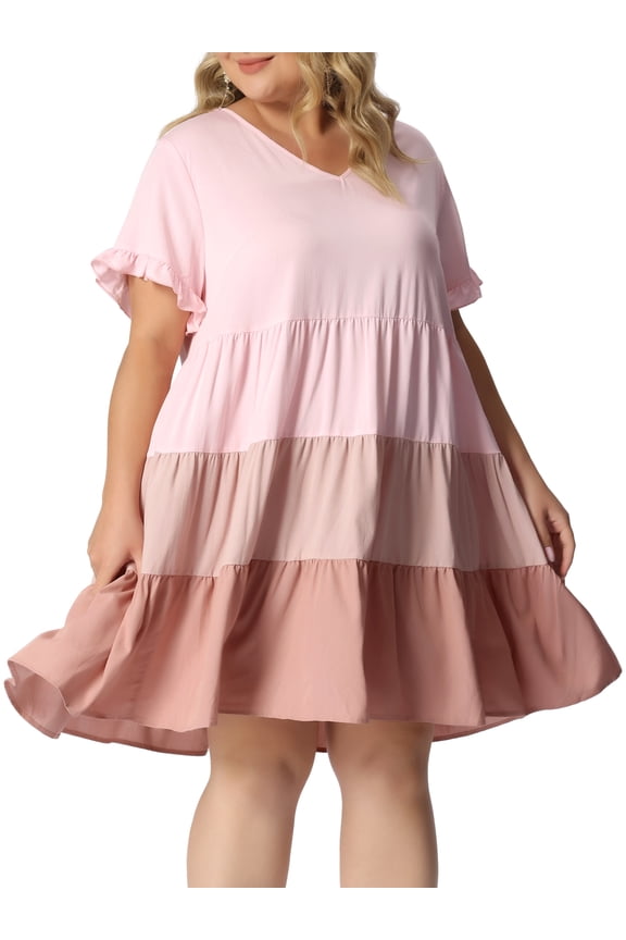 Babydoll Ruffle Flowy Swing Hem Chambray Mini Dress 3X Pink