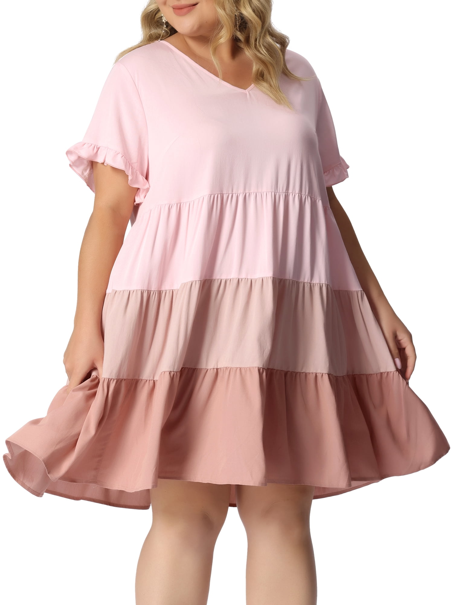 DARING DIVA Babydoll Ruffle Flowy Swing Hem Chambray Mini Dress 4X Pink