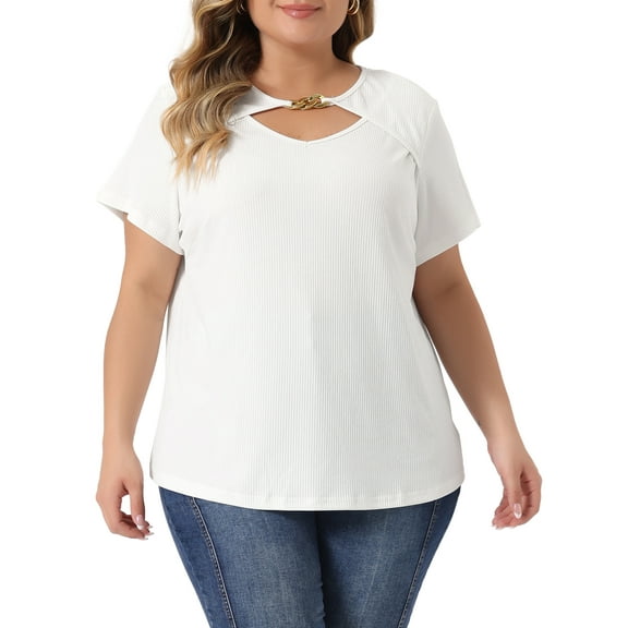 Unique Bargains Women's Plus Size Basic Top Short Sleeve Metal Chain Front T-Shirts 1X White