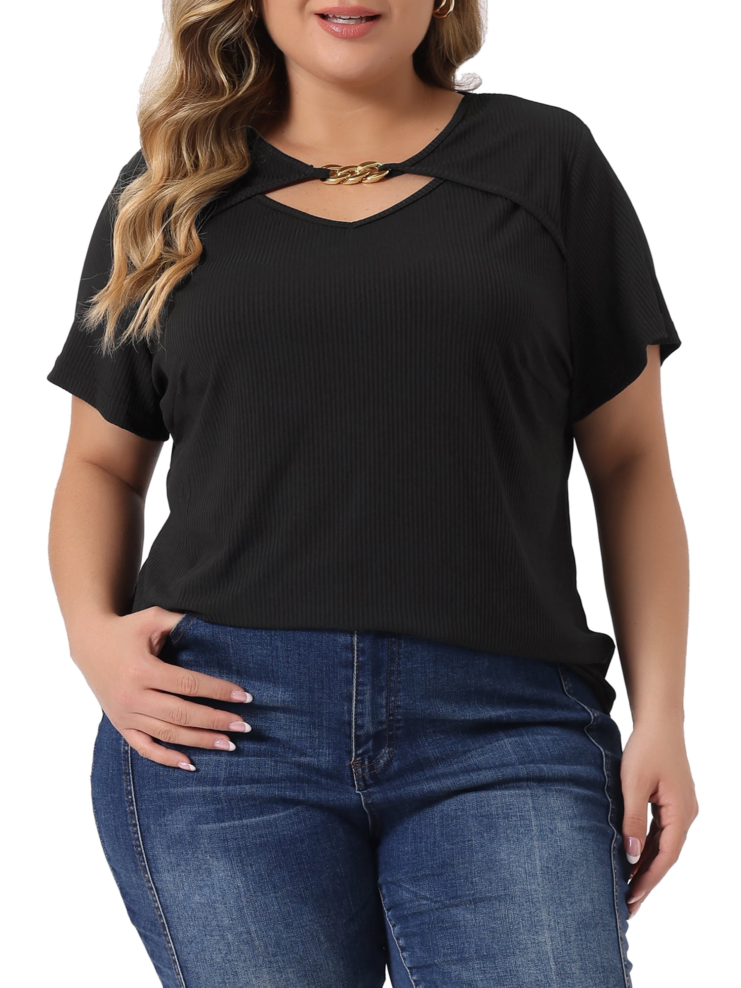 Unique Bargains Women's Plus Size Basic Top Short Sleeve Metal Chain Front T-Shirts 3X Black