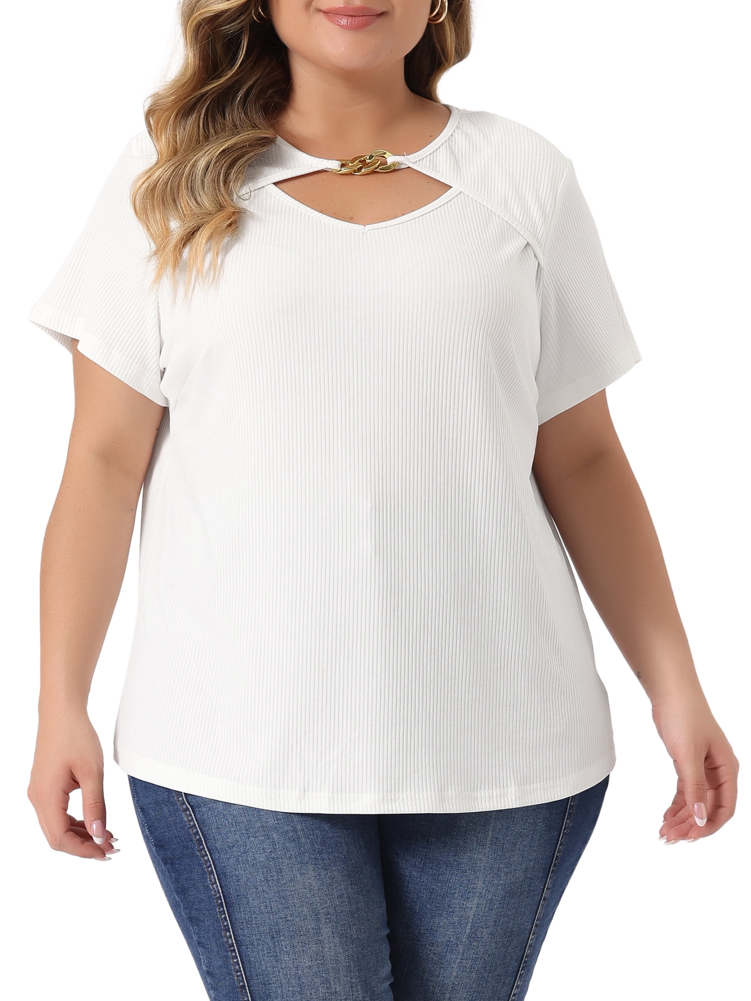 Unique Bargains Women's Plus Size Basic Top Short Sleeve Metal Chain Front T-Shirts 3X White