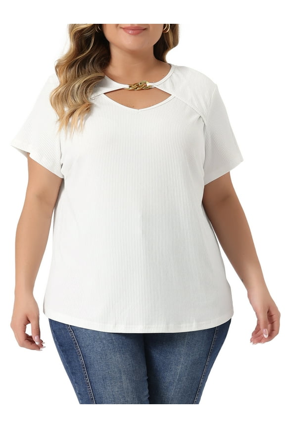 Women's Plus Size Basic Top Short Sleeve Metal Chain Front T-Shirts 3X White