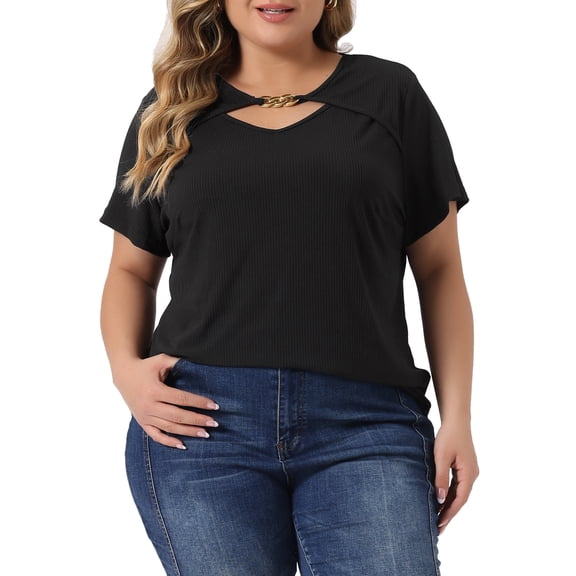 Unique Bargains Women's Plus Size Basic Top Short Sleeve Metal Chain Front T-Shirts 4X Black