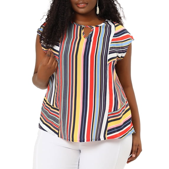 Unique Bargains Women's Plus Size Blouse Cap Sleeves Keyhole Neck Stripe Top 4X Multicolor